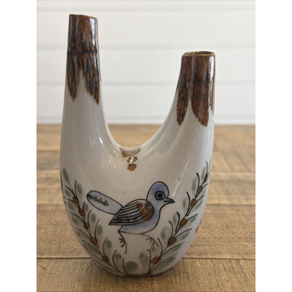 Vintage Tonala Mexico Double Spout Ceramic Vase 5 ¾" Folk Art Pottery Unsigned - Picture 5 of 10